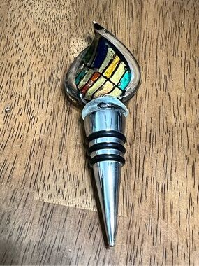 Wine Bottle Stopper Fused Multi-Color Art Glass on Green Decanter Replacement